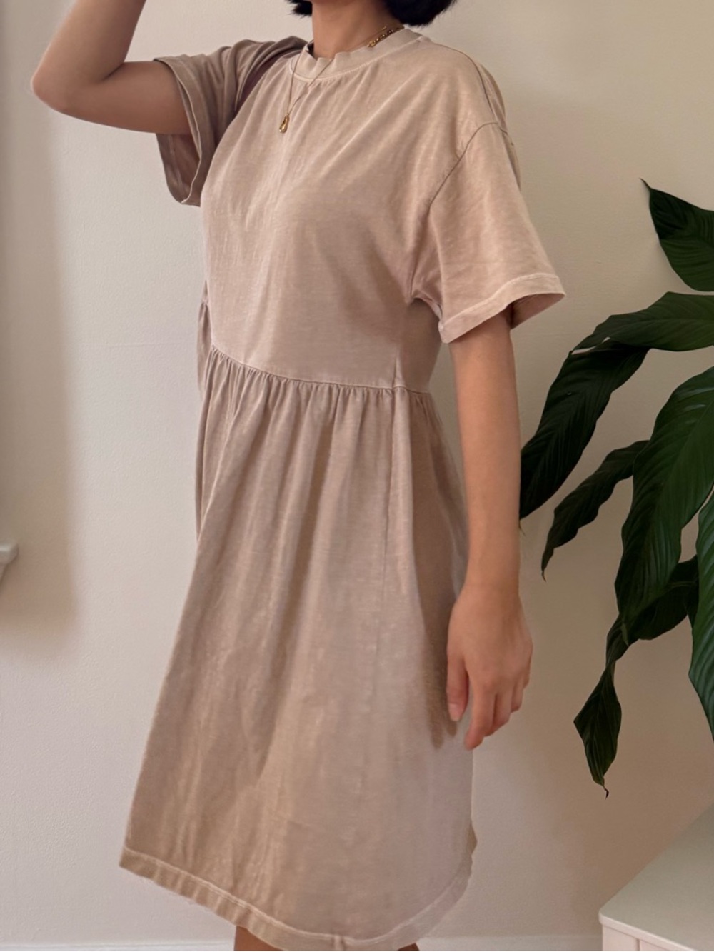 BP. Organic Cotton Babydoll Washed Beige Short Sleeve T Shirt Dress Size Small